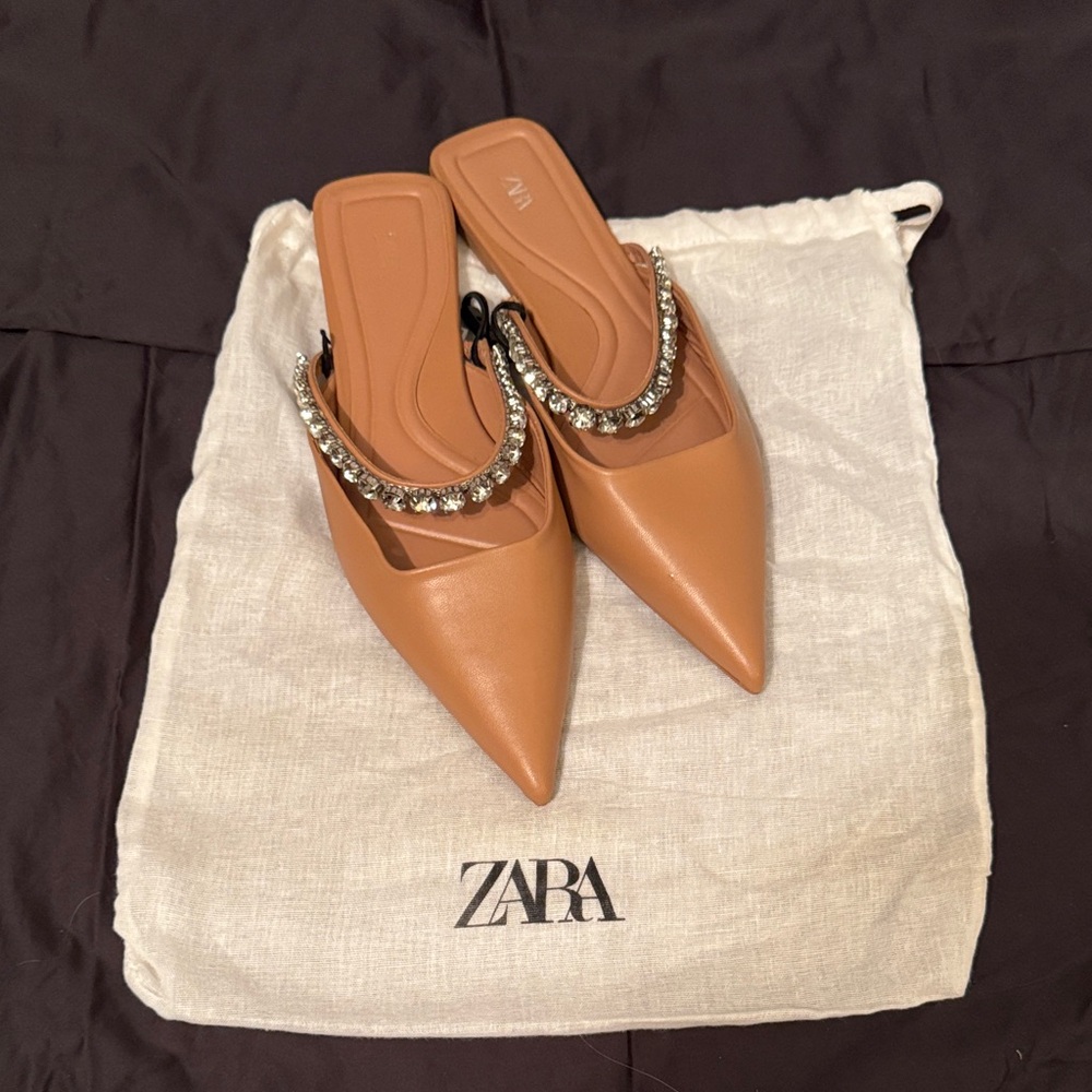 Zara Women's Tan Pointed-Toe Mules with Crystal Strap